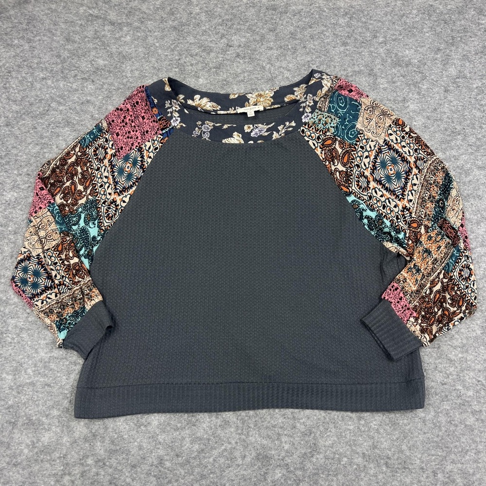 Umgee Shirt Womens 1XL Gray Paisley Raglan Sleeve Waffle Knit Pullover Top Plus